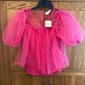Anthropologie Sheer Puff Sleeve Tulle Top with Crinkle Stretch Inner Layer Pink